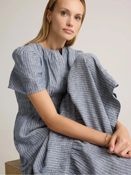 Quince Womens 100% European Linen Tiered Maxi Dress Chambray Stripe XL - Picture 6 of 11